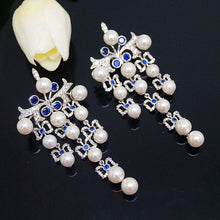 Load image into Gallery viewer, Super Long & Big Pearl Blue Sapphire Dangle Earrings - Enumu