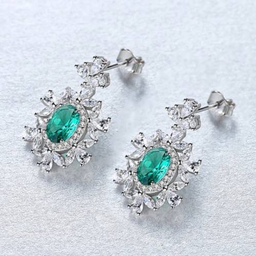 PURE 92.5 STERLING SILVER EMERALD & CZ DANGLE EARRINGS - Enumu