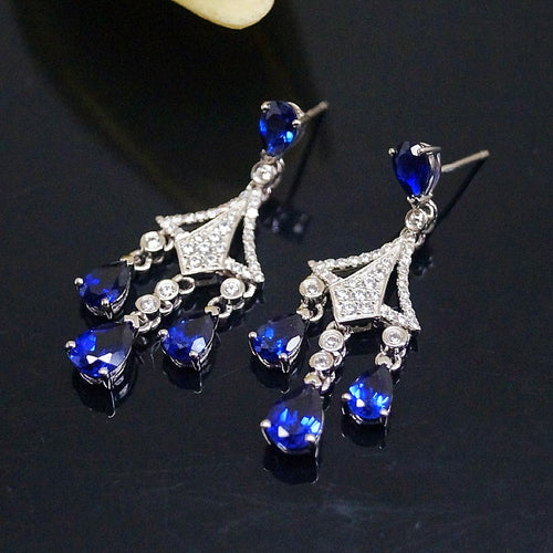 Pure 92.5 Sterling Silver Blue Sapphire & CZ Dangle Earrings - Enumu
