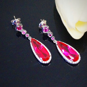 Pure 92.5 Sterling Silver 8.89 Ct Ruby & CZ Dangle Earrings - Enumu