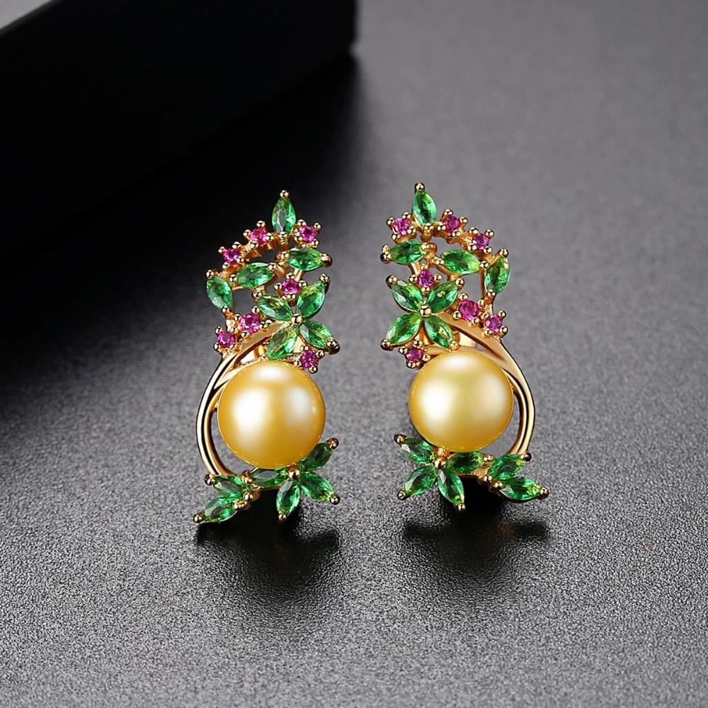 YGP Gold Pearl Emerald Ruby Studs - Enumu