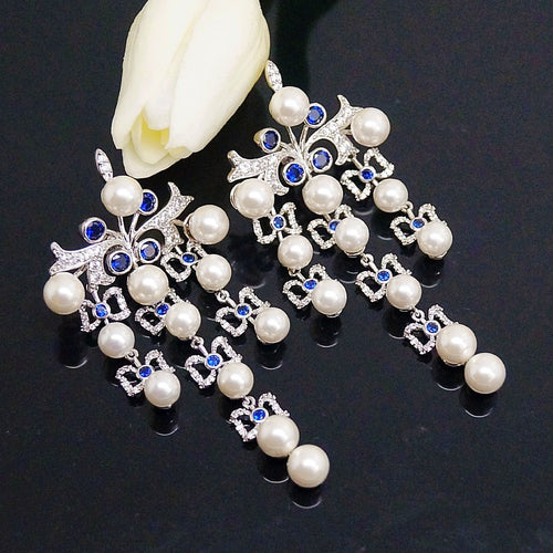 Super Long & Big Pearl Blue Sapphire Dangle Earrings - Enumu