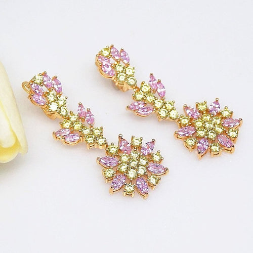 Pink Flower & Citrine Drop Dangle Earrings - Enumu
