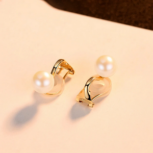 Pure 18K Yellow Gold Natural Round Pearl Clip on Earrings - Enumu