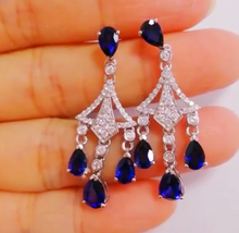 Load image into Gallery viewer, Pure 92.5 Sterling Silver Blue Sapphire &amp; CZ Dangle Earrings - Enumu